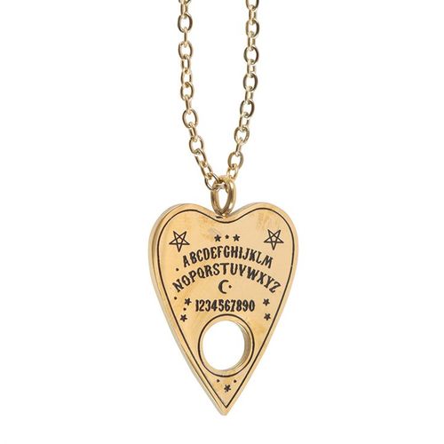 Gold-tone stainless steel talking board planchette pendant necklace, presented on a greeting card with mystical design and gold envelope.