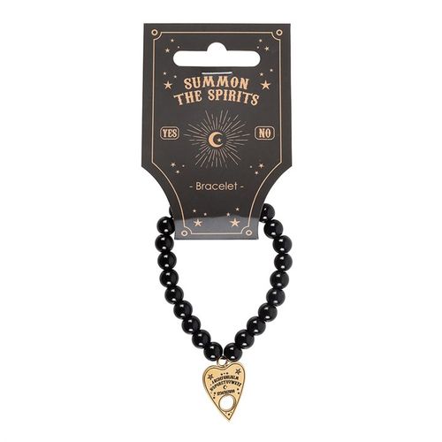 Nickel-free stainless steel talking board planchette bracelet with black beads and gold-tone charm.