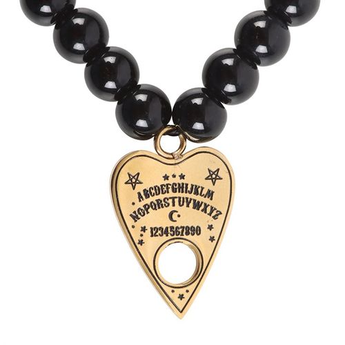 Nickel-free stainless steel talking board planchette bracelet with black beads and gold-tone charm.