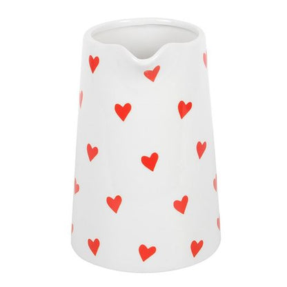 Valentine’s Day white flower jug with heart print and red handle