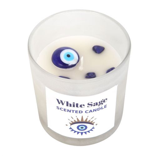 White Sage & Sodalite All Seeing Eye Candle in frosted glass, infused with protective crystals and a reusable charm.