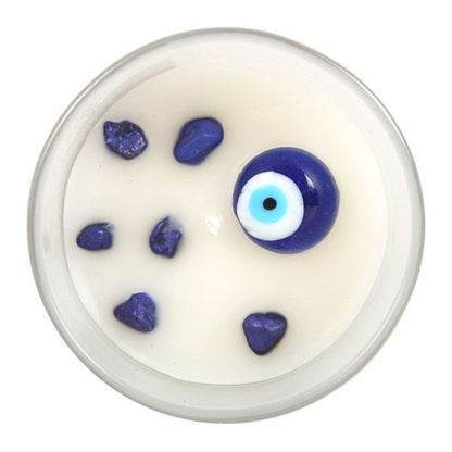 White Sage & Sodalite All Seeing Eye Candle in frosted glass, infused with protective crystals and a reusable charm.