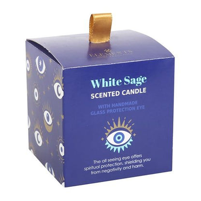 White Sage & Sodalite All Seeing Eye Candle in frosted glass, infused with protective crystals and a reusable charm.