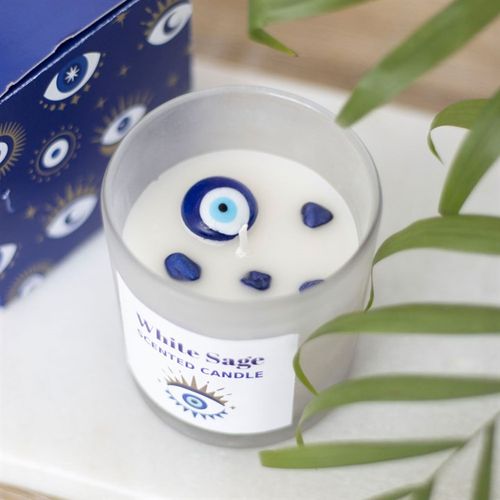 White Sage & Sodalite All Seeing Eye Candle in frosted glass, infused with protective crystals and a reusable charm.