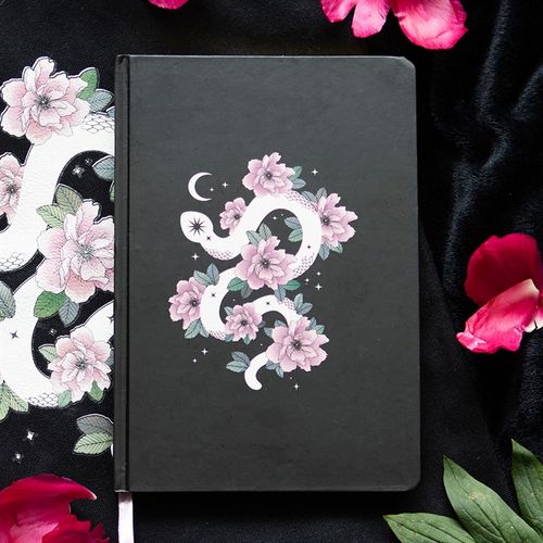 White Snake and Pink Flower Lined Notebook with ribbon marker, 100 sheets, perfect for deep thoughts and notes.