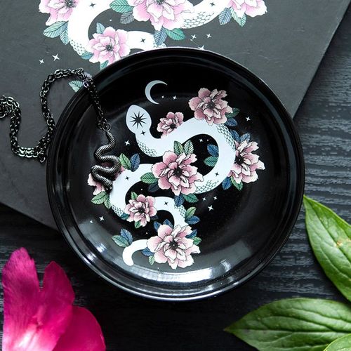 White Snake and Pink Flower Trinket Dish with starry black sky design, perfect for holding small treasures.