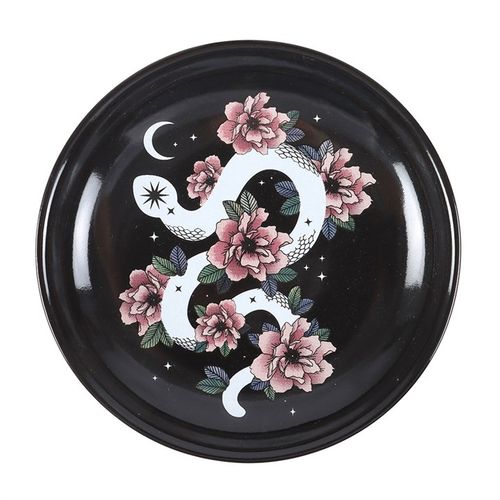 White Snake and Pink Flower Trinket Dish with starry black sky design, perfect for holding small treasures.