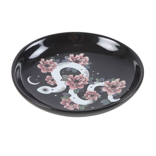 White Snake and Pink Flower Trinket Dish with starry black sky design, perfect for holding small treasures.