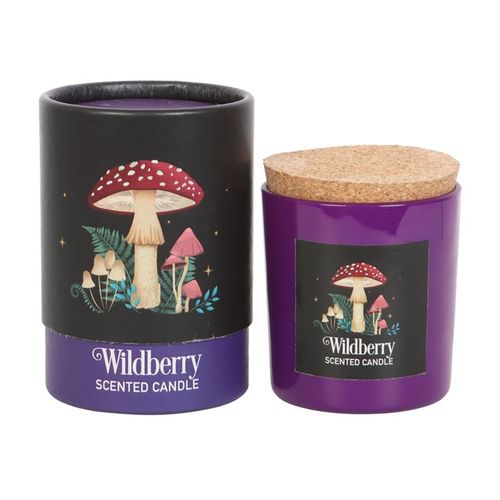 Wildberry-scented candle with mystical mushroom design, made from vegan paraffin wax with a 25-hour burn time.