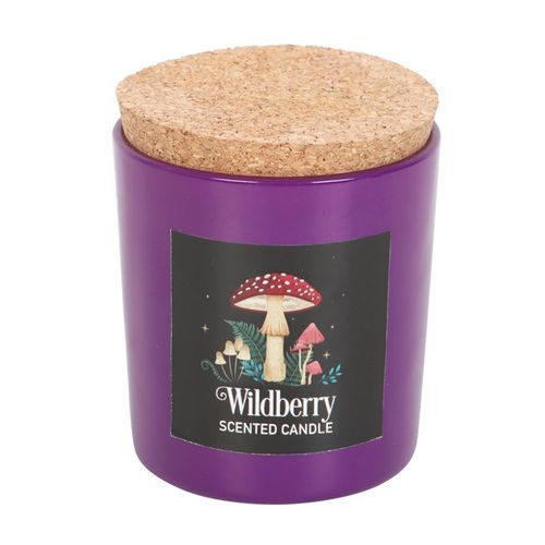 Wildberry-scented candle with mystical mushroom design, made from vegan paraffin wax with a 25-hour burn time.