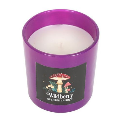 Wildberry-scented candle with mystical mushroom design, made from vegan paraffin wax with a 25-hour burn time.