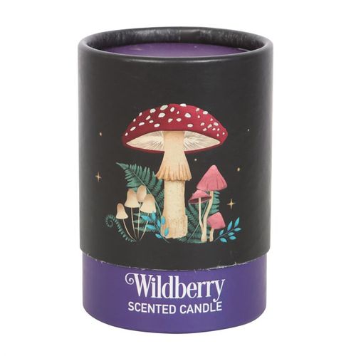 Wildberry-scented candle with mystical mushroom design, made from vegan paraffin wax with a 25-hour burn time.