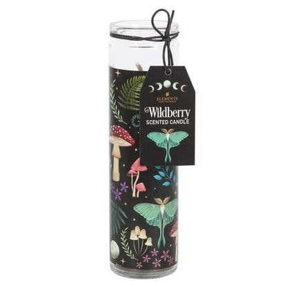 Wildberry-scented tube candle with mystical forest print and paraffin wax.