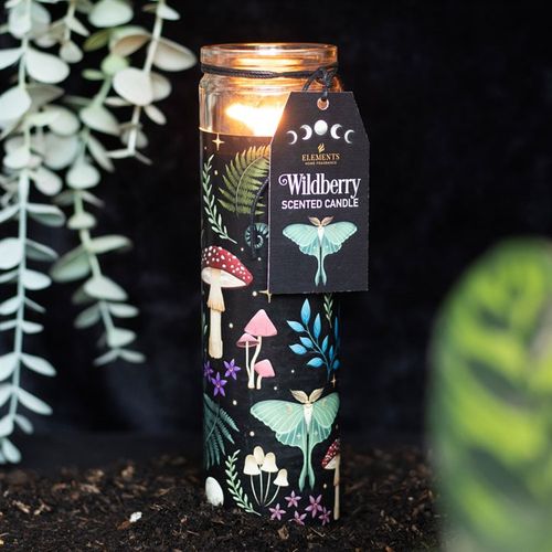 Wildberry-scented tube candle with mystical forest print and paraffin wax.