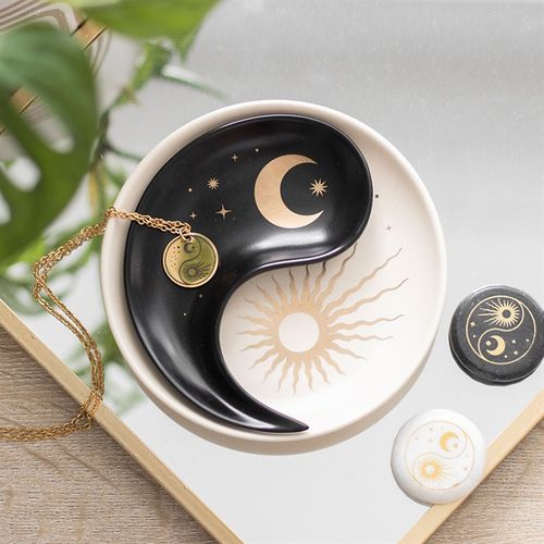 Yin and Yang stacking trinket dish with sun and moon design for jewellery and small essentials.