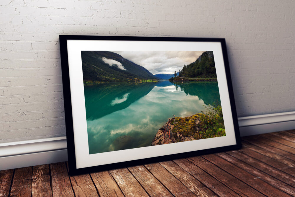 Riverscape, Oldevatnet Lake, Norway - Framed print example